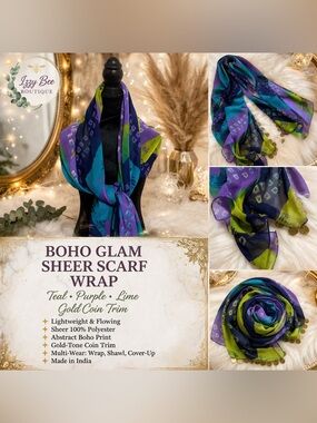 Boho Sheer Scarf Wrap w/ Coin Trim | Teal Purple Lime